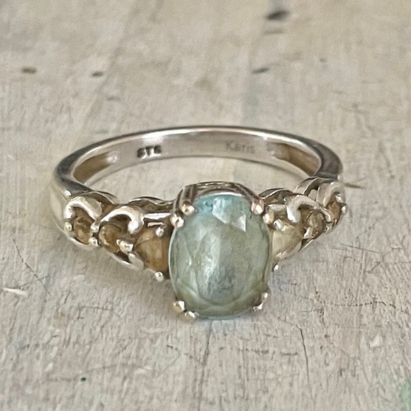 Vintage 925 natural aquaMarine & chalcedony heart scroll ring - Picture 2 of 5